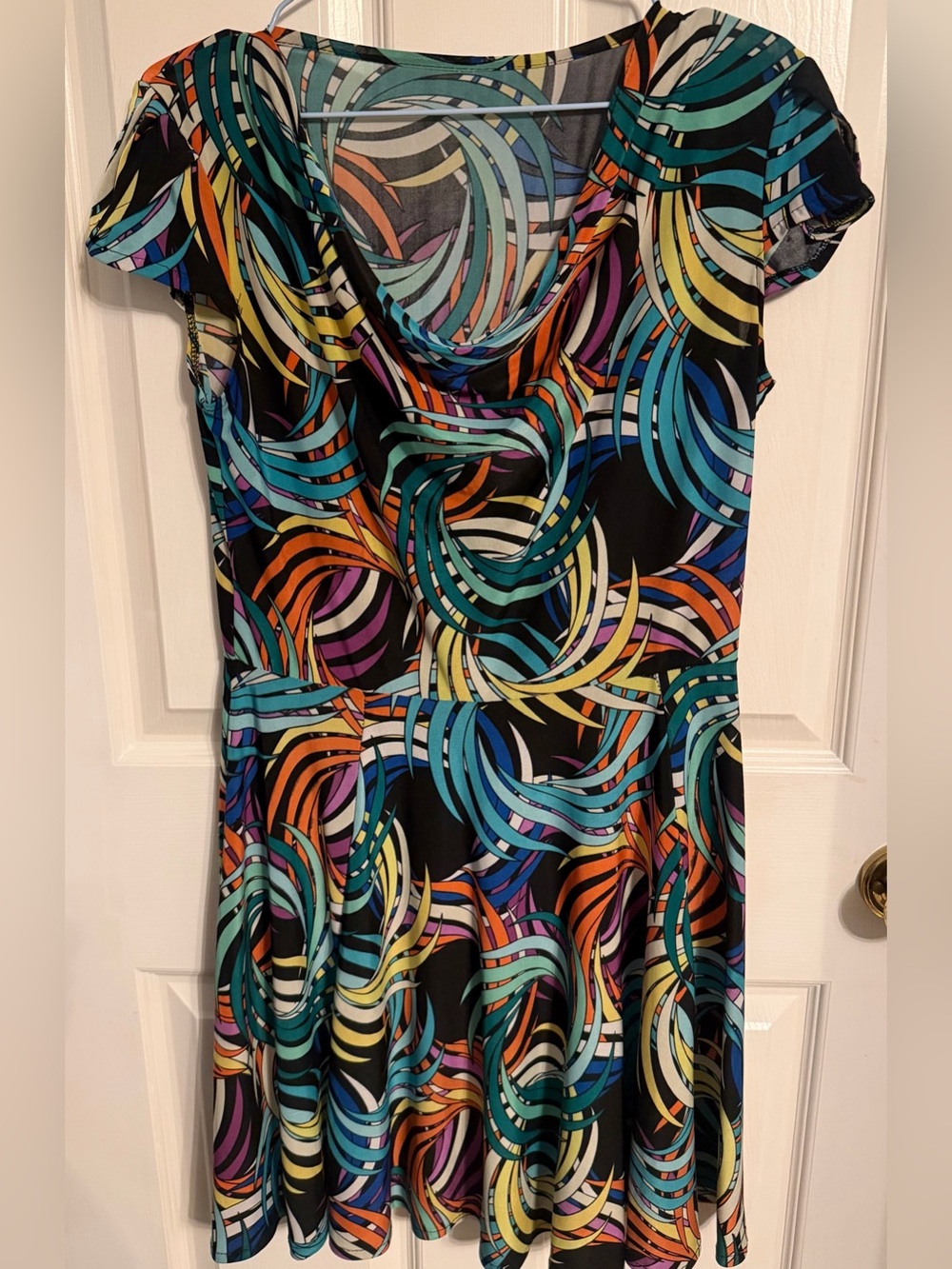 Multicolor Swirl Cowl Neck Skater Dress, 19” PTP